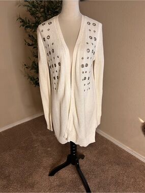 Ultra Flirt Ivory Open-Front Cardigan Grommet Detail Side Slits NWT